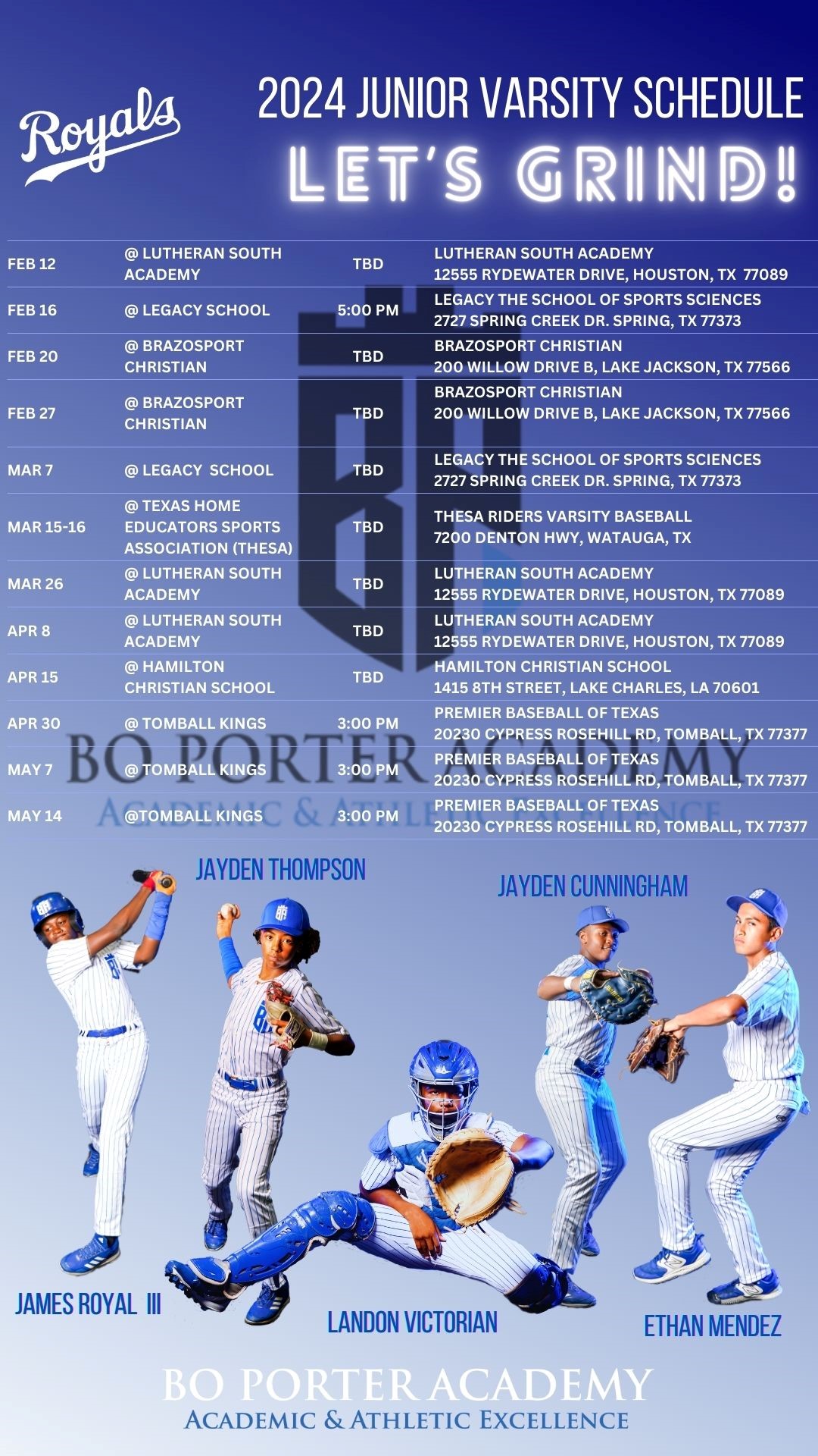 Baseball Schedule Bo Porter Academy